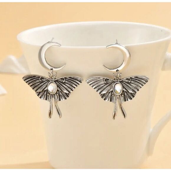 ✨“Celestial Moth & Moon Drop Earrings – Iridescent Gemstone Accent” - Picture 5 of 16